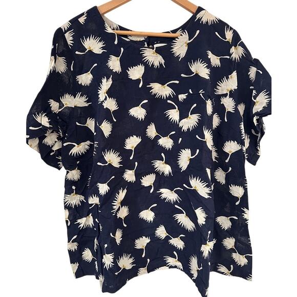 Old Navy Plus 3X Navy Blue Linen Top Blouse White Floral Print Short Sleeve - Picture 1 of 6
